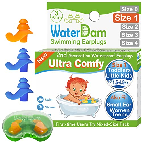 WaterDam Bouchons d'oreille de natation très imperméables et ultra confortables pour éviter les oreilles du nageur (Taille 1+1+1:Enfants Très petites oreilles Adolescents Femme (Orange Bleu))