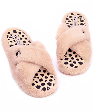 Barbie Womens Slippers | Ladies Doll Logo Slip On Fluffy Pink House Sliders | Adults Leopard Animal Insoles with Cross Strap Shoes