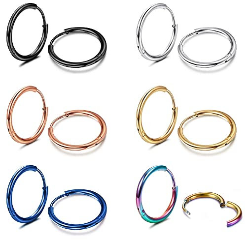 MILACOLATO Small Hoop Earrings for Women & Men - Surgical Steel Cartilage Huggie Earrings - Snug Lobes - 6PC, 7mm