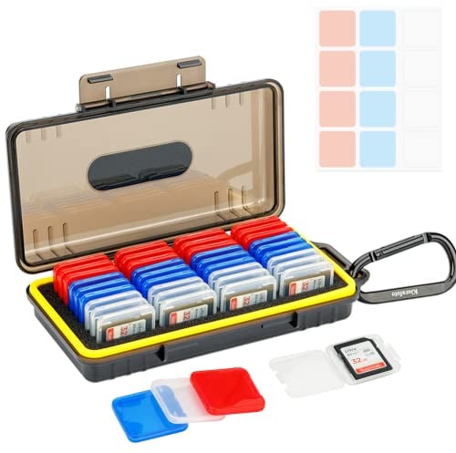 Kiorafoto Funda para Tarjetero SD con 36 Soportes Individuales de plástico Transparente para Estuche Tarjetas SD SDXC SDXC, Resistente al Agua, Antigolpes, Antipolvo, de Dlmacenamiento con Etiquetas