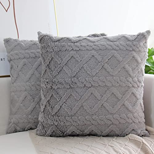 Kissenbezüge 45 x 45, Kissenhüllen Dunkelgrau 2 Stück Wolle Samt Flauschig Einfarbiger Geometrische Zimmer Deko Aesthetic