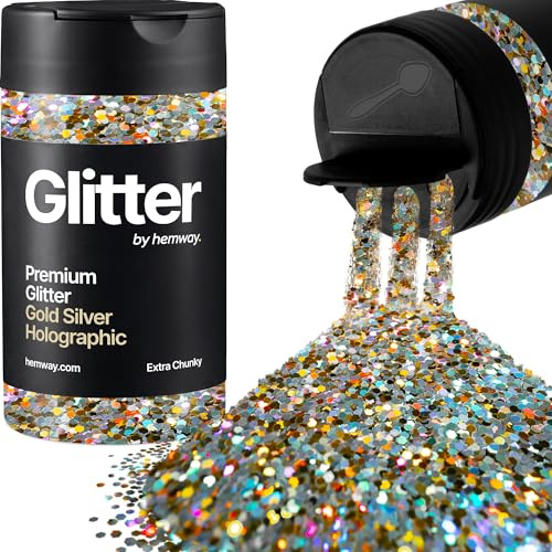 Hemway Holographic Gold Silver Glitter Shaker, 130g Extra Chunky Glitter | for Resin & Epoxy Crafts for Decorating, Halloween, Christmas, Nail, Face, Art