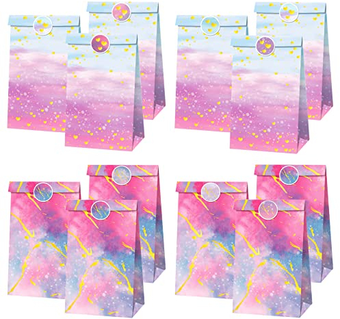 TOKSEO Tie-Dye Geschenktüten Papiertüten Mitgebsel Tüten Süßigkeiten Leckereien Beutel mit Aufklebern für Kindergeburtstag Party Geburtstag Geschenk verschenken (12 Stück)