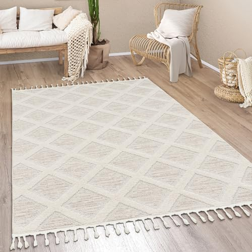 Paco Home Teppich Wohnzimmer Kurzflor Boho Modern Ethno Skandinavisch Geometrisches Muster Fransen, Grösse:160x230 cm, Farbe:Bunt 3