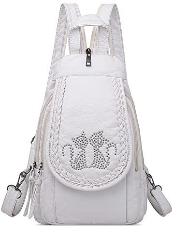 DIRRONA Damen Rucksack Klein PU Leder – Wandelbarer Rucksack als Schultertasche, Umhängetasche & Brusttasche mit Fächern, Leichter Tagesrucksack für Reisen & Alltag Weiß Katze