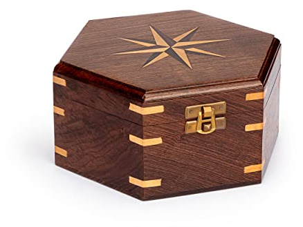 NKlaus 18,5x16,5x8,5cm Maritim Boîte hexagonale en bois avec incrustation de rose des vents et fermeture en laiton avec motif complexe de rose des vents en bois 11638