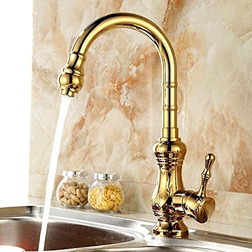 Wasserhahn Vintage Antik 360&Deg;Rotations-Küchenarmatur mit schwenkbarem Auslauf, Küchenspüle, Mischbatterie, Gold, massives Messing, Einhebel-Einloch-Waschbecken, Warm- und Kaltwasserhahn It's