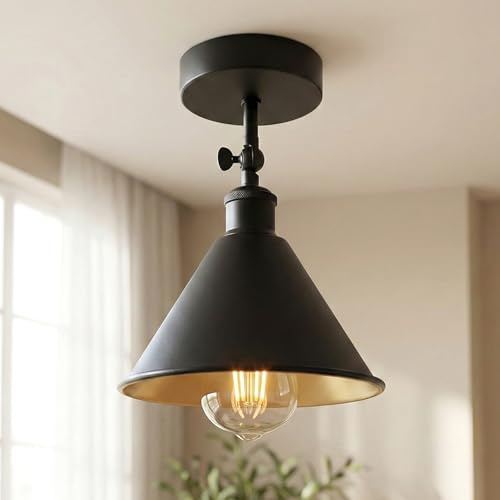 DC VOLTAGE Halbeinbau-Deckenleuchte im Retro-Stil mit verstellbarem Winkel, Vintage-Industrie-Deckenleuchte, E27, Flurleuchte für Küche, Badezimmer + gratis Leuchtmittel (Schwarz und Gold, 18 cm)