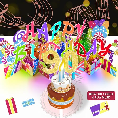 Gumry PopUp-Karte zum 90. Geburtstag, blasbare LED-Licht, Kerze, 3D-Karten mit Lied Happy, Applaus-Prost-Sound, farbwechselnde Lichter, bunte Grußkarten für Frauen und Männer, die 90 Jahre alt