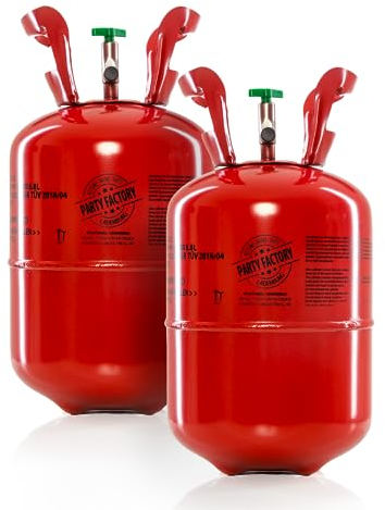 Party Factory Ballongas-Set aus 2x 0,2m³/200l Helium für je 30 Luftballons, 2 Einwegflaschen mit Heliumgas und Füllventil für Heliumballons