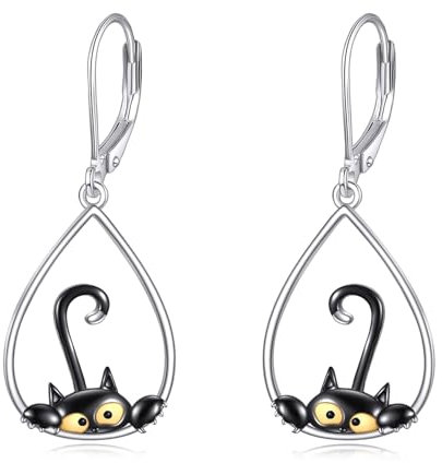 POPLYKE Schwarze Katze Ohrringe Sterling Silber Schwarze Katze Hängend Ohrringe LeverBack Ohrring Schmuck Geschenke für Frauen(Tropfen)