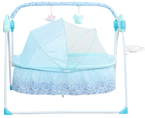SABUIDDS Babywippe Elektrisch mit Flaschenständer Klappbar Babyschaukel mit 5 schaukel geschwindigkeiten Baby Wippe Schaukel mit Fernbedienung und Bluetooth für Babys Zwischen 0-18 Monaten, Blau
