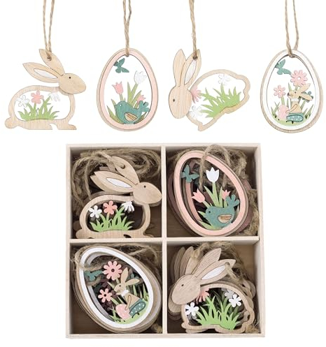 Valery Madelyn 24pcs Easter Decorations,Wooden Hanging Tree Decorations,Egg and Rabbit Shape Pendants,Home Decor Gift and Wedding,with Wood Box,2 Inch