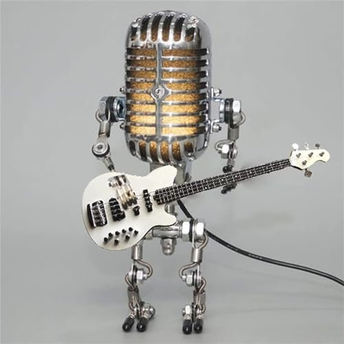 ERISAMO Vintage Microphone Robot Desk Lamp,Metal Microphone Robot Lamp with Mini Guitar,Robot Touch Dimmer Lamp,Robot Table lamp with Light Bulb, Vintage Desk lamp, for Bedroom,Bar,Restaurant (White)