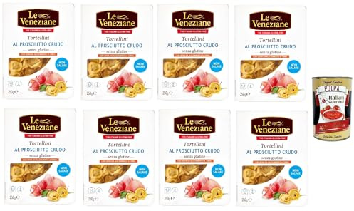 Italian Gourmet Tortellini Prosciutto Crudo senza glutine 8 x 250g Pasta | Ripieno con salume crudo; glutenfrei, zart gefüllt, schnell gekocht für, Gesamtnettogewicht 2 kg + Kostenlos Polpa 400g