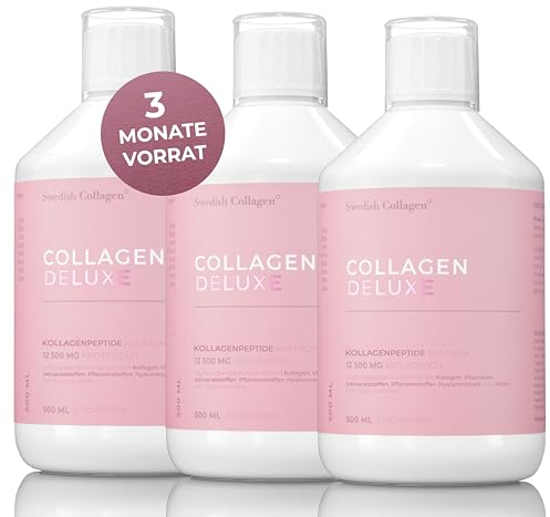 Swedish Collagen - Collagen Deluxe 500 ml flüssiges Kollagen x 3| 12.500 mg Meereskollagen mit Hyaluronsäure, Vitaminen und Mineralien für Haare, Haut und Nägel