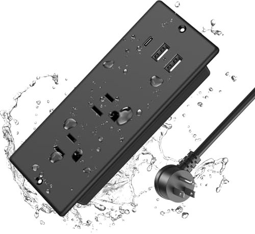 Multiprise encastrée IPX6 étanche, HEZI résistante aux intempéries pour meubles avec 2 prises et 3 ports USB pour salle de bain extérieure, cordon de 1,8 m (certifié ETL)