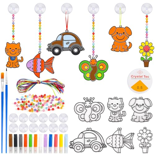 12 Pièces Effet Vitrail pour Les Enfants, Kit de Décorations Attrape de 6 Dessins Animés, 12 Pigments, Crochet de Ventouse de 12 Pièces, Kits Suncatcher pour Enfants Art DIY