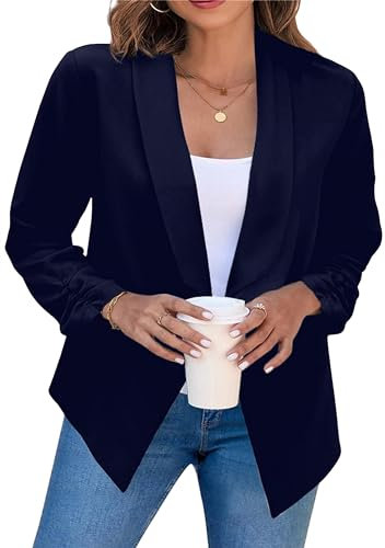 BOFETA Damen Arbeit Büro Eleganter Blazer Einfarbig Revers Strickjacken Plus Größe Plissee Jacken Marineblau S