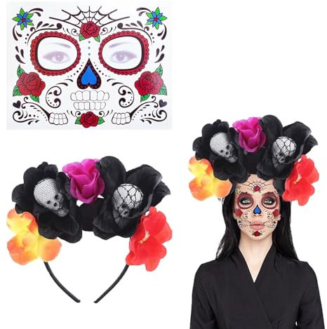 Ajuanbazha Halloween Jour Des Morts Bandeau, Serre-Tête Tête de Mort Roses Fleurs, Serre-Tête Crâne avec 4 Tatouages Temporaires, Bandeau Dia de los Muertos pour Carnaval (B)
