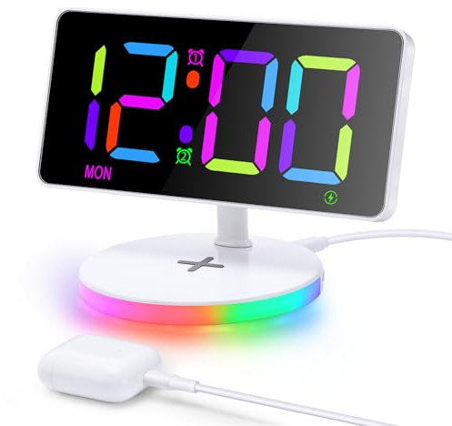 Bestcool Alarm Clock with Wireless Charging, Adjustable LED Digital Clock Large Display Bedside Clock with Dynamic RGB Light USB Charger Dual Alarms Snooze Mirror Clock for Bedroom, Office, Gift