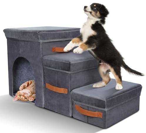 Zvonema Hundetreppe, Hundetreppe 3 Stufen, Faltbare Hundetreppe für Kleine Hunde, breiteren Haustiertreppe mit stauraum, rutschfeste Hunderampe für Sofa, Katzentreppe, für ältere Hunde, bis 40 kg