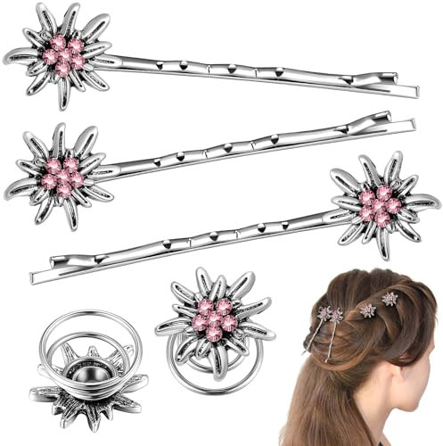 Xinnun 5 Stück Traditionelles Strass Edelweiß Haarschmuck Elegante Trachtenschmuck Damen Wellenform Haarspange Federklemmen für Bayerisch Bierfest Dirndlschmuck Trachten Dirndl Accessoires(Rosa)