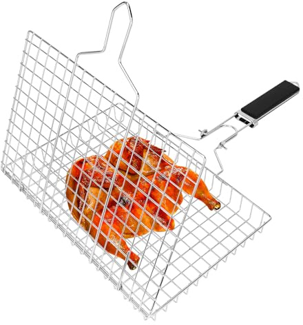 Linkidea Round Portable BBQ Grill Basket, Stainless Steel Fish Grill Basket with Removable Secure Locking Handle, Grill Accessories for Outdoor Grill Vegetables Fishes Shrimp (Silver, Square)