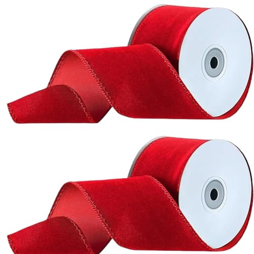 Cintas navideñas – Cinta de terciopelo rojo serpentina, 2 rollos, cintas anchas de terciopelo vintage para envolver regalos, decoración de árbol de Navidad