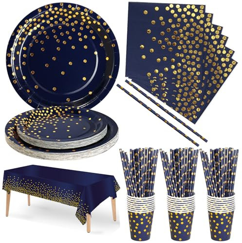 Nkaiso Party Tableware 126 Piece Navy Blue Gold Paper Tableware Set Includes Birthday Paper Plates Napkins Cups Straws for Wedding Shower Engagement Wedding Birthday-25 Guests