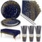 Nkaiso Vajilla de Fiesta,126 Piezas Azulmarino Dorados Set de Juego de Platos y Cubiertos, cubertería de cartón, Vasos y servilletas,para cumpleaños,Aniversarios -25 Invitados