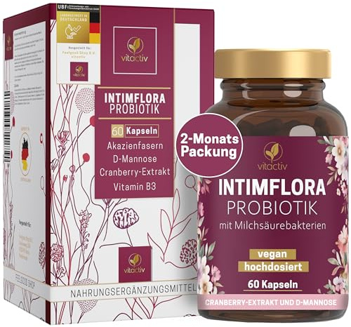 VITACTIV Intimflora Kulturenkomplex mit Cranberry und D-Mannose, 60 Kapseln | 1 Kapsel täglich auf nüchternen Magen, eine Dose für 2 Monate, 10,5 Milliarden KbE aus 6 Laktobazillen-Stämmen