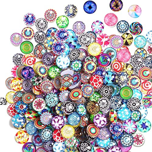 Decorative Glass Cabochons Granulates Pieces, Round Colorful Beads Decorative Flatback Button Half Round Vase Nuggets Printed Mosaic Tiles DIY Craft for Home Garden Wedding (12MM-200PCS)