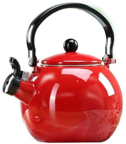 2 l Emaille-Pfeifkessel aus Stahl, Vintage-Teekanne für den Herd, Kugel-Design(Rot)