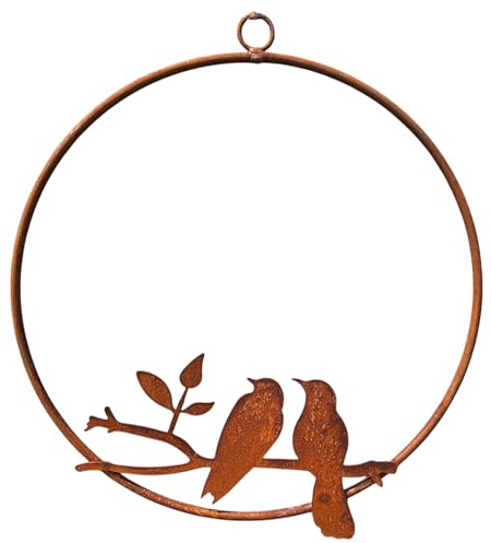 Bornhöft Rustikale Wanddekoration, Vögel auf Zweig, Ring-Design, Gartendeko aus Eisen mit Rostoptik Edelrost rostige Deko Vollmaterial