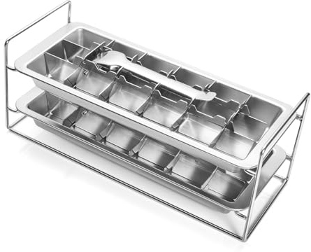 lycss Stainless Steel Ice Cube Tray 2 Pack, 36 Large Cube Slots. Plastic Free Eco Friendly Freezer Mold W/Easy Release Lever. Stackable Retro Inspired Old Fashioned Vintage Ice-Making