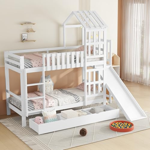 HESHU Etagenbett Kinderbett mit Schublade und Rutsche, Kinderbett 90x200cm mit Dach und Fenster, Hausbett mit mit Absturzsicherung, Ohne Matratze