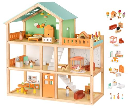 OOOK Puppenhaus aus Holz, 3 Etagen Puppenhausholz Groß mit 6 Räumen, Puppenhaus ab 3 Jahre mit 42 Luxuriösen Möbelzubehör