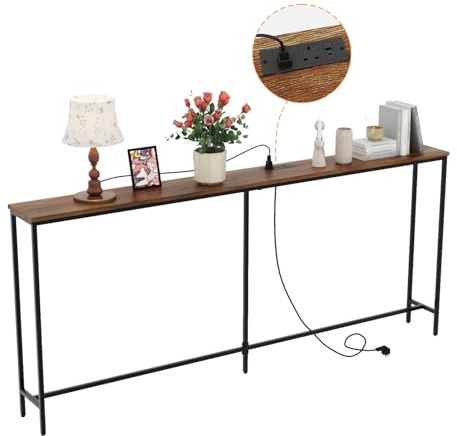 Bonnlo Console Table for Hallway Slim, 180cm Long Sofa table with Outlets | Narrow Behind Couch Table with Charging Station, USB Ports and 150cm Power cord, for Entryway, Corridor (Rustic Brown)