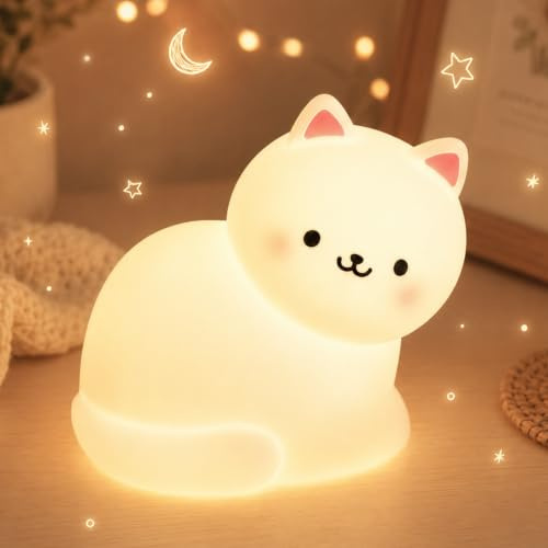 GOODEA Nachtlicht Kinder Katze, 7 RGB Zyklus Farben & Ultra Weiches Silikon | 1200mAh Aufladbar & 30Min Timer Nachtlicht Baby mit Klopfsteuerung, 3 Helligkeit Dimmbar Stilllicht für Mädchen Geschenk