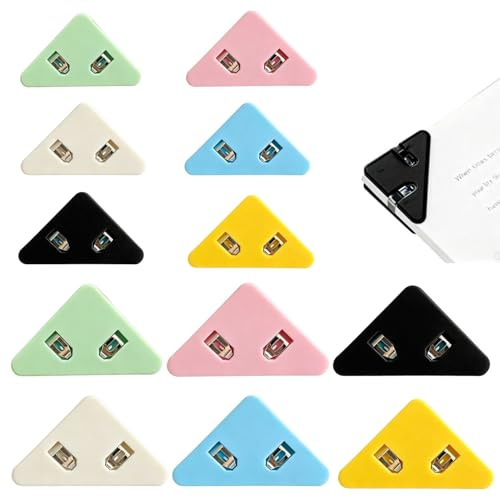 MNYXIS 12 Stück Dreieckige Büroklammern Papier Eckenschutz Clips, binder clips tacker, Bunte Dokumenten Buchecken Clips aus Kunststoff, Binder Clips für Schule und Büro, 5.2 x 3.8 cm, 6 Farben Set