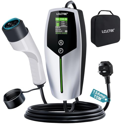 LCLCTEK® 3KW EV Charger Cable Type 2 to 3 Pin Plug 10m/32Ft,Portable UK 3 Pin EV Charger,Electric Car Charger [6/8/10/13A],Car-Charger with LED Display, IP65 Waterproof,Type 2 Cable EVs and PHEV