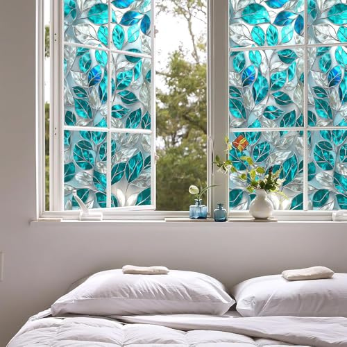 Fensterfolie Blaue Blätter Blickdicht Milchglasfolie Selbstklebend Statische Folie Sichtschutz Anti-Licht-Fensterfolie, Haftend Fenster Sichtschutzfolie Für Büro, Küche, Bad 43x100cm