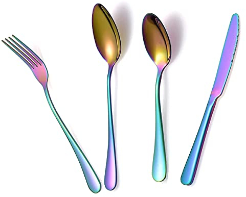 Rayinblue 4 Pcs Tableware Set Colorful Romantic Dinner Set Rainbow Flatware Set