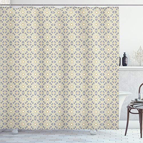 ABAKUHAUS Ethnisch Duschvorhang, Azulejos Entwurf, Stoffliches Gewebe Badezimmerdekorationsset mit Haken, 175 x 200 cm, Taupe Beige