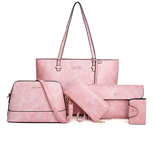 AlwaySky Femme Sacs portés épaule 5PCS Cuir PU Sac à main Sac à Bandouliere Sachet Bourse Pochettes Clutches Portefeuille Sacoche Rose