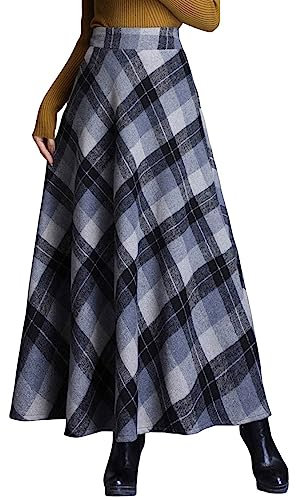 ebossy Damen-Plaid im Vintage-Stil, hohe Taille, Wollmischung, langer Maxirock mit Tasche in A-Form, Größe S, Grau