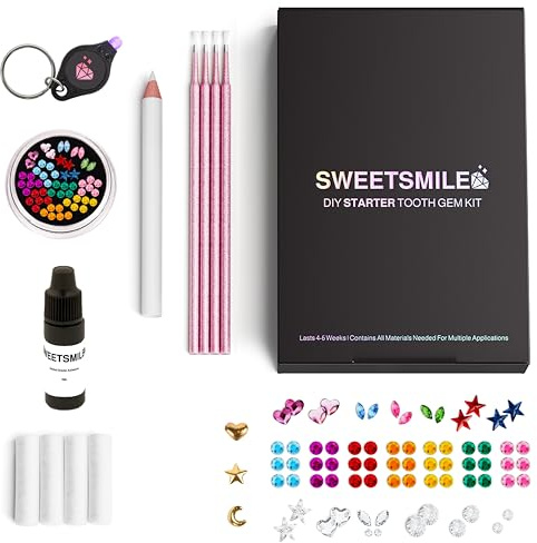 Sweet Smile | The ALL IN ONE DIY Tooth Gem Kit | Gold, Multi-Color, Clear Crystal Gems | Tooth Jewelry | Heart, Star, Butterfly Teeth Gems | Various Shapes and Colors