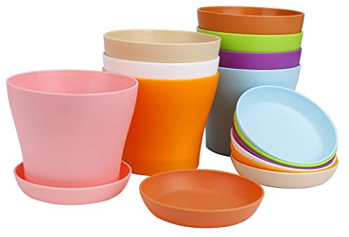 MengH-SHOP 8 Stück Plastik Blumentöpfe 10cm Bunte Kleine Blumentöpfe Runde Kunststoff Innen Pflanztöpfe mit Untersetzer und Abflusslöchern für Garten Büro Balkon 8 Farben