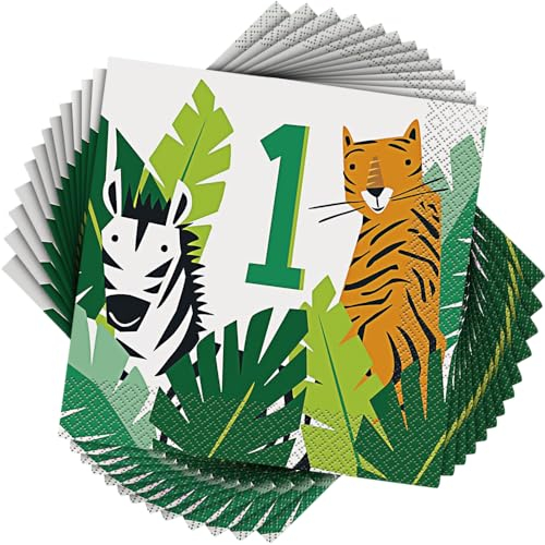 Unique 78352 Servietten zum 1. Geburtstag, Safari-Tiere, 16 Stück, Mehrfarbig, Mittel